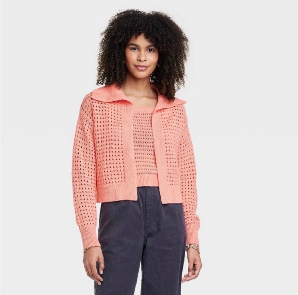 Universal Thread Pink Open Knit Collared Caridgan Sweater Medium Layering